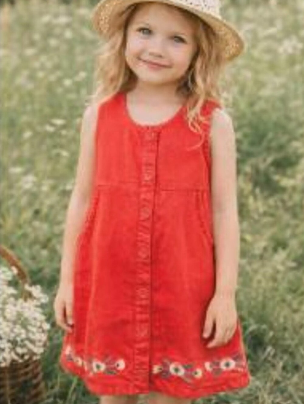 OshKosh Girls Red 4th Of July Button-Front Floral Embroidered Dress Pockets 5T